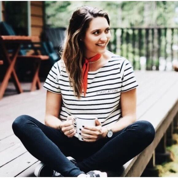 Madewell Striped Embroidered Staycation Crop Tee Size Large - Picture 3 of 12